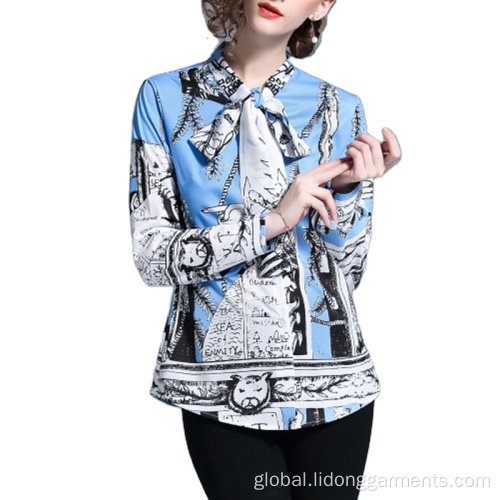 Women Printed Blouse Long Sleeves Design Custom Printing Long Sleeve Blouses Office Wear Supplier